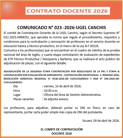COMUNICADO N° 023 -2026-UGEL CANCHIS Contratación Docente de la UGEL Canchis